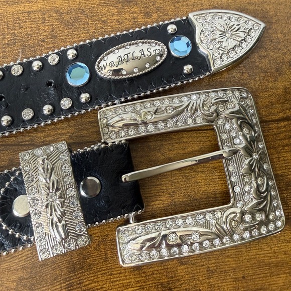 ATLAS Rhinestone Western Bling Belt Size 30-35 Black Embellished Silver Buckle - Picture 6 of 16